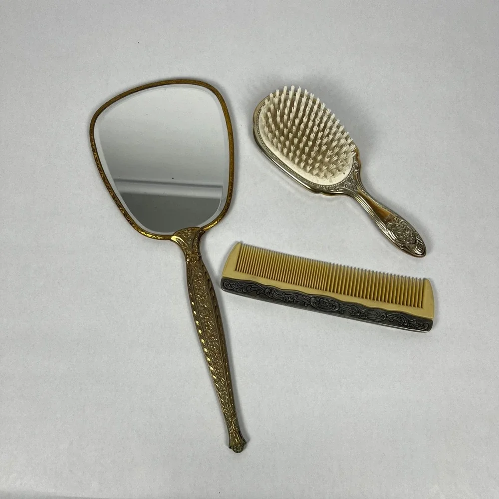 Towle Vanity Set Women OS Silver Gold Good Ornate Mirror Brush Comb 3pc Vintage